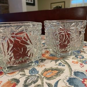 Vintage Avon Glass Square Candle Holder Diamond Snowflake Cut Pattern set 2
